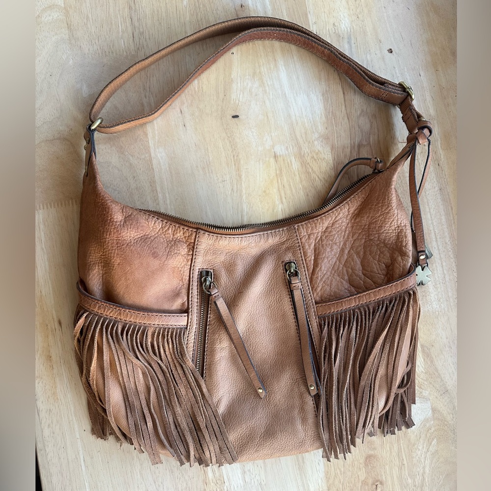 Lucky Brand Fringe Leather Crossbody Purse Bag Tan